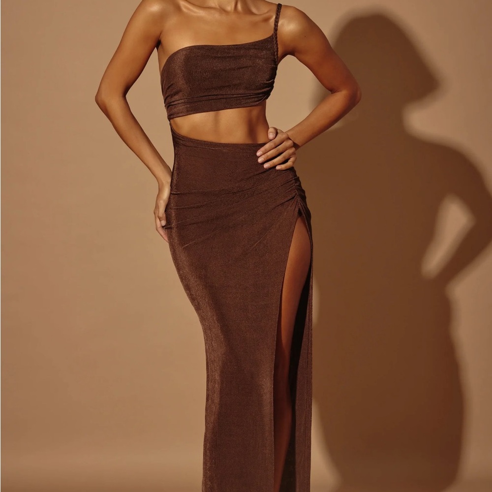OH POLLY ISHTAR One Shoulder Cut Out Maxi Dress in Brown